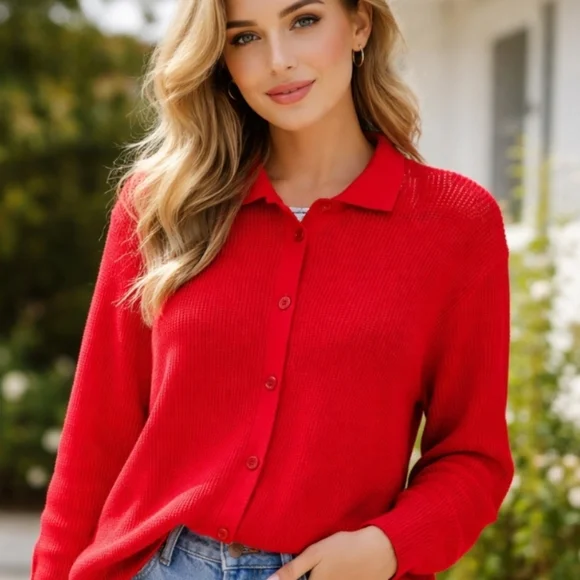 Bailey | Textured Red Knit Polished Cardigan - Picture 8 of 8